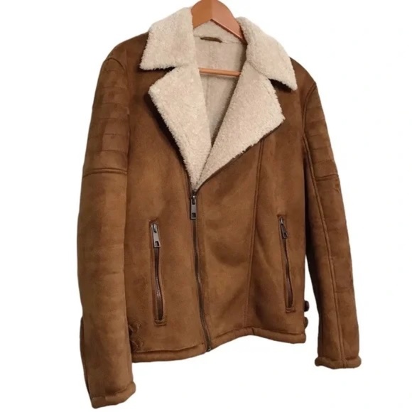 Zara Faux Sherpa & Leather Oversized Brown Bomber Jacket Coat Size Medium - Picture 2 of 9